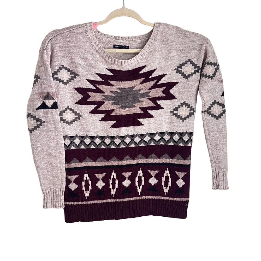 American Eagle Sweater S Womens Southwestern Aztec Knit Pullover Burgundy Cream